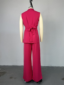 Completo Due Pezzi da Donna Estivo con Camicia a Collo Alto Abbottonata e Vita Stretta con Laccetto e Pantaloni a Gamba Larga - Product Image 6