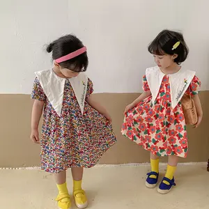 Новое летнее платье для девочек, детское платье принцессы с вышивкой и большим красным цветком и заостренным воротником