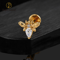 Cincin Labret Titanium Ulir Dalam Model Bee Drop Hitam CZ 16G Flat Back untuk Tindik Tulang Rawan, Conch, Helix, Bibir
