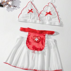 Ensemble de lingerie sexy pour femme, deux pièces, style uniforme de demoiselle d'honneur ou infirmière, avec soutien-gorge en dentelle et jupes courtes en maille transparente - Product Image 4