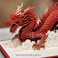 Tarjeta de felicitación 3D Pop-up de Dragón Chino ZS-PC0269 de Diseño Original, Dragón Rojo en Nube, Artesanía en Papel Cortado con Láser