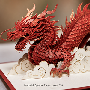 Carte de vœux artisanale en papier découpé au laser, design original ZS-PC0269, dragon chinois 3D pop-up, nuage de dragon rouge - Product Image 4