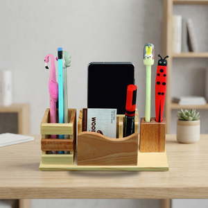 Organisateur de bureau en bois avec support pour téléphone et porte-stylo, design mignon, en bambou, fait main, cadeau de bureau - Product Image 4
