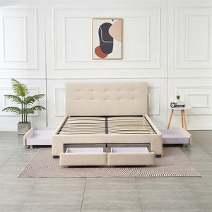 เตียงหุ้มเบาะสไตล์นอร์ดิก ขนาดควีนไซส์คู่/คิงไซส์ หัวเตียงนุ่มประดับกระดุม โครงไม้ พร้อมที่เก็บของ 4 ช่อง - Product Image 3