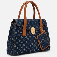 Sac à main structuré en jean lisse pour femme avec garniture en cuir, fermeture éclair, pochette amovible, ensemble de sacs à main deux pièces doux et imperméables