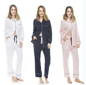 Set Piyama Lengan Panjang Katun 100 Wanita, Set Baju Tidur Jersey dan Baju Tidur Cepat