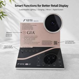 Espositore da banco in acrilico con dettagli oro rosa per protezioni lenti telefono, con slot multi-cerchio per campioni e pannello posteriore personalizzabile - Product Image 2