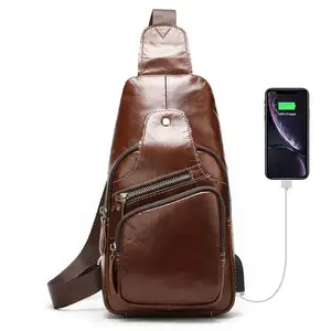 Marrant 8123 Men Genuine Leather Durable Crossbody Bags Daypack External USB Charging Shoulder Sling Bag Men Chest Bag