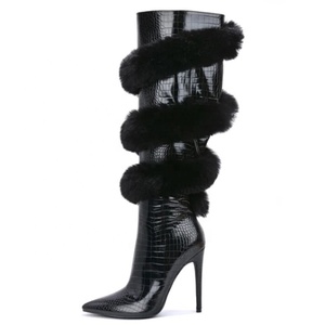 Cross Wrap Fur Women High Heels Boots Animal Prints Large Size 45 Wide Fit Shoes Pointy Toe Zipper Long <b>Booties</b> - Product Image 5