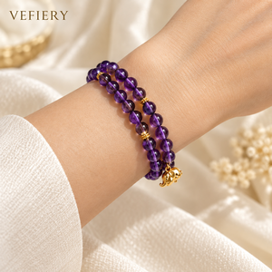 Pulsera Elástica de Cuentas Redondas de Amatista Brasileña Natural con Dije Dorado para Mujer, Proveedor Mayorista de Joyería - Product Image 2