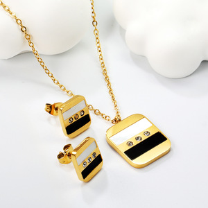 European American Style Geometric Diamond Encrusted Necklace Earrings <b>Set</b> For Women Everyday Wear Silver Gold Tone - Product Image 3