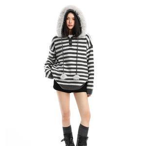 Fabricant de vêtements personnalisé mode coréenne <span class=keywords><strong>Vintage</strong></span> pulls à capuche à rayures lâches col en fourrure à manches longues pulls punk - Product Image 2