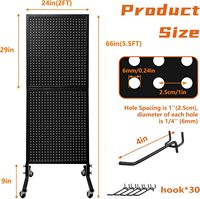 Panneau perforé de 2 x 5,5 pieds avec 30 crochets, présentoir sur roulettes en métal (noir)