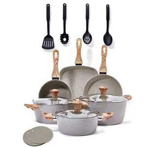  Màu Be Màu giả mạo nhôm không dính đá cẩm thạch Cookware Set bao gồm 4 cái đồ dùng nhà bếp thủy tinh kim loại chảo soong Fry Pan