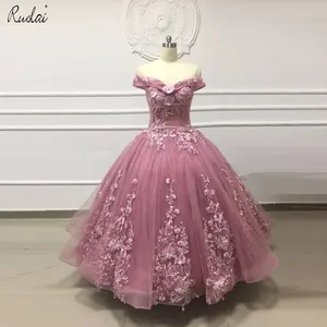 OEV-L4291 أنيقة الوردي قبالة الكتف الدانتيل Appliqued الديكور تول 15 سنوات فتاة عيد ميلاد Quinceanera اللباس