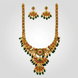 Conjunto de Collar de Lujo Ping Bling con Cuentas Verdes, Rubíes y Perlas, Estilo Templo AD Polki del Sur de la India, Joyería de Diseño con Acabado Dorado para Novias y Bodas - Product Image 1