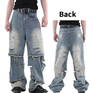YUCE Jeans personnalisés Y2K, <span class=keywords><strong>coupe</strong></span> ample, jambe large, délavés, déchirés, rétro, streetwear, denim, pantalon, jeans délavés lourds, style cowboy pour hommes - Product Image 4