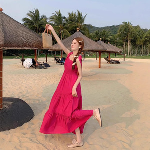 Halter Dress Women Summer Beach Long Skirt Tight Waist Solid Color Breathable Vacation Wear - Product Image 3
