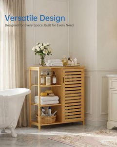 Mobiletto da <span class=keywords><strong>Bagno</strong></span> in Bambù con Anta e 3 Ripiani Aperti, Armadietto Laterale Autoportante per Cucina - Product Image 4