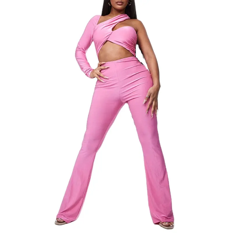 OEM Custom Long Sleeve 1 Shoulder Fitted Jumpsuit Women Side Ruched Front Cut Out Flared Pants Jumpsuit