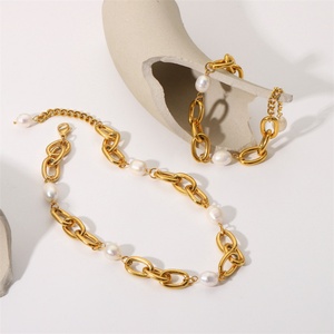 Chunky 12 mm <b>Pearl</b> Necklace Stainless Steel 18k Gold Plated Chain Bracelet Women Fashion Jewelry <b>Sets</b> - Product Image 2