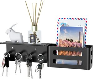 Llavero Organizador de correo Estante para llaves con bandeja para entrada Pasillo Cocina Granja Decoración Acero inoxidable Montado en la pared 4 ganchos