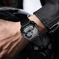 Jam Tangan Sport Pria Analog Digital Layar Ganda Bahan Alloy Persegi 43mm Bercahaya 30M Tali Silikon Logo Kustom Pesanan Grosir