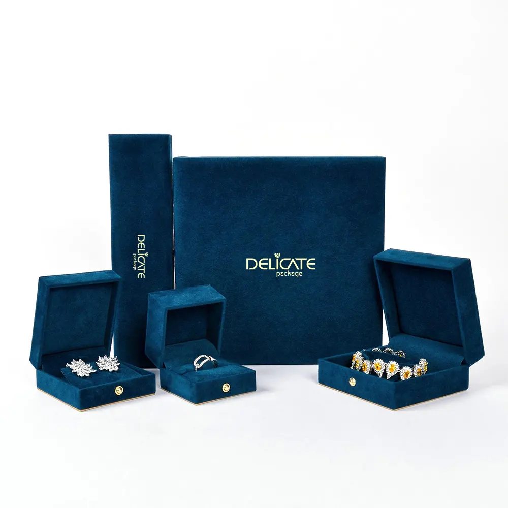 Hot Sale Jewelry Box Custom Logo Deep Blue Velvet Jewelry Box Luxury Earring Bracelet Necklace Ring Packaging Jewelry Boxes