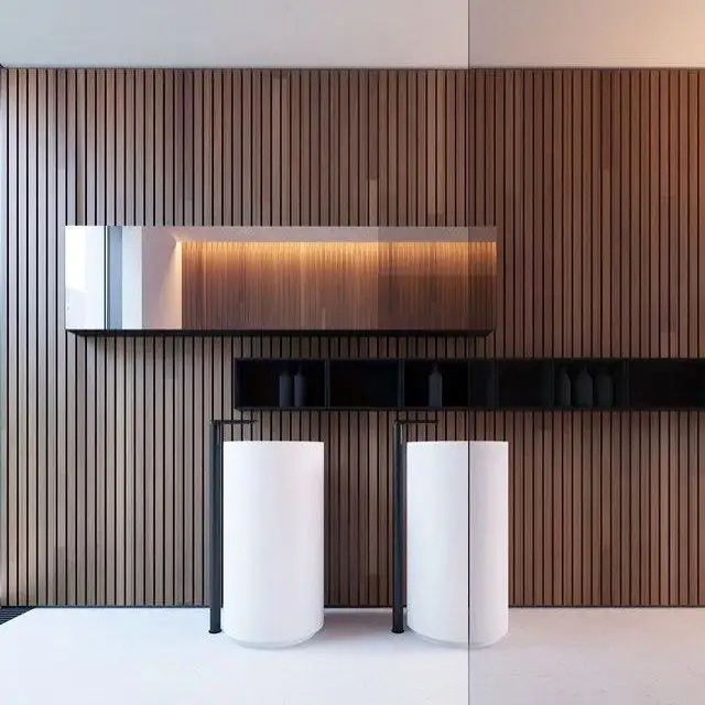 Produsen gaya standar melamin akustik Panel Slat Natural Oak kedap suara bahan untuk Hotel