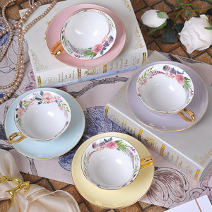 Ensemble de tasses à café et à thé en céramique vintage écologiques en porcelaine fine, 4 couleurs, motifs de fleurs et d'oiseaux, 240 ml, avec soucoupes - Product Image 6