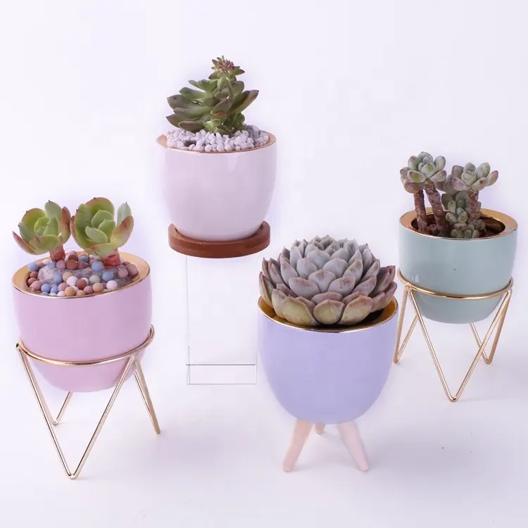 Mini decoration Succulent Cactus Garden Ceramic Flower Pot with metal stand / Bamboo saucer/Wood feet 7.8*7.8*6.5