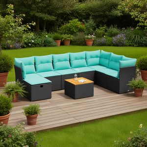 Ensemble de canapés de patio en polyrotin noir avec coussins, 9 pièces, mobilier de jardin extérieur, style contemporain, pour 8 personnes - Product Image 2