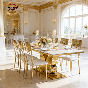 โต๊ะรับประทานอาหารสแตนเลสทรงสี่เหลี่ยมผืนผ้า ดีไซน์ทันสมัยไม่ซ้ำใคร ท็อปทำจาก MDF เหมาะสำหรับงานเลี้ยง งานแต่งงาน ใช้ในอพาร์ทเมนต์และโรงแรม - Product Image 2