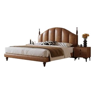 French Retro Genuine Leather <b>Bed</b> 1500mm 2000mm 1800mm 2000mm 2000mm 2200mm With Soft Backrest Master Bedroom Double <b>Bed</b> - Product Image 3