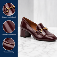 Chaussures mocassins bordeaux en cuir verni véritable de qualité supérieure pour femmes, avec talon carré et boucle en forme de bit de cheval doré, semelle extérieure en caoutchouc, vente en gros, marque privée OEM