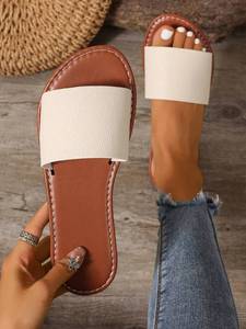 Sandalias Planas de Piel Sintética con Diseño Botánico Beige, Punta Abierta, Colorblock, para Primavera/Verano, Cómodas y Fáciles de Poner, para Mujer - Product Image 2