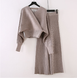 Conjunto de 2 piezas de Jersey de punto para mujer, jersey con manga farol en la parte trasera abierta, cuello en V, Color sólido, moda de otoño - Product Image 5