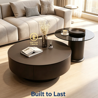 Ensemble de tables basses rondes modernes avec tiroir de rangement, plateau mat brun foncé, structure robuste pour salon, bureau à domicile