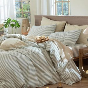 Cổ điển 100% bông 3-mảnh Duvet cover Set trắng và Sage màu xanh lá cây sọc vượt thời gian thoải mái cho phòng ngủ hợp thời trang trang trí nội thất - Product Image 1