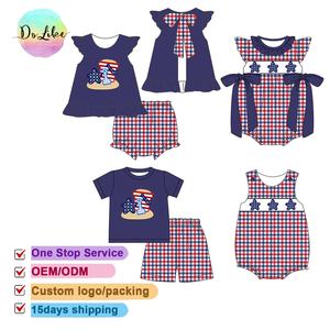 Fashion Design <strong>Patriotic</strong> Custom <strong>Short</strong> Sleeve Sets Plaid Ruffle <strong>Shorts</strong> Embroidery Baby Girls Rompers Wholesale - Product Image 3