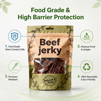 Sachet refermable personnalisé à faible MOQ avec trou de suspension, qualité alimentaire, pour viande séchée, snacks et noix
