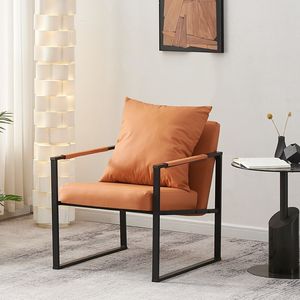 Fauteuil simple de style nordique, revêtement en cuir, chaise minimaliste pour salon avec structure en métal et coussin pour petit appartement - Product Image 4