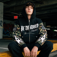Sweat à capuche zippé Y2K pour homme, noir, à épaules tombantes, imprimé camouflage gothique, avec patch flamme, rivets et strass, style streetwear personnalisé