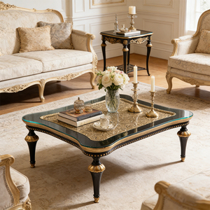 Mesa de <span class=keywords><strong>Centro</strong></span> de Madera Hecha a Mano para Villa, Mesa de Café Cuadrada con Tapa de Vidrio Templado de 1 mm, Mesa de Café de Lujo para Sala de Estar - Product Image 1