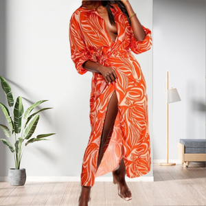 เดรสแฟชั่นฤดูร้อนลำลองคอวีลึกพิมพ์ลายผ่าสูงแฟชั่นสำหรับผู้หญิง - Product Image 3