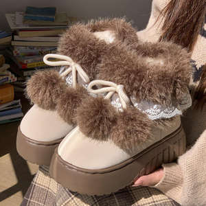 Nouvelle tendance de la mode, bottes de neige hautes à semelle épaisse, à double boule, à bordure en dentelle, en coton, pour femmes, automne-hiver, doublées de velours, chaudes, antidérapantes - Product Image 3