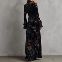 Robe Vintage Femme en Velours à Imprimé Floral, Élégante, Col Semi-Montant, Manches Longues, Bordure en Dentelle, Robe Moulante, Robe Longue Décontractée Tendance