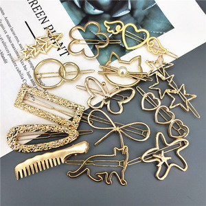Lot de pinces à cheveux géométriques en métal doré - Épingles à cheveux creuses étoile, papillon, chat, perle - Accessoires capillaires en gros pour femmes, style japonais et coréen - Product Image 1