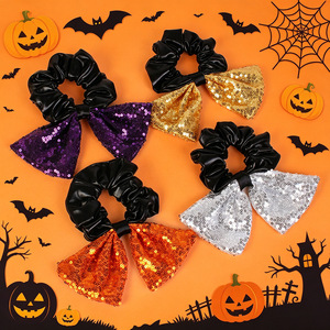 Halloween PU Leather Scrunchies With Glitter Sequin <b>Bow</b> High Elastic Hair Ties Women Cosplay Party Festival Hair Accessories - Product Image 3