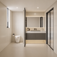 Meuble-lavabo flottant gris mat sophistiqué avec comptoir en pierre texturée sans joint pour aménagement intérieur d'appartement haut de gamme